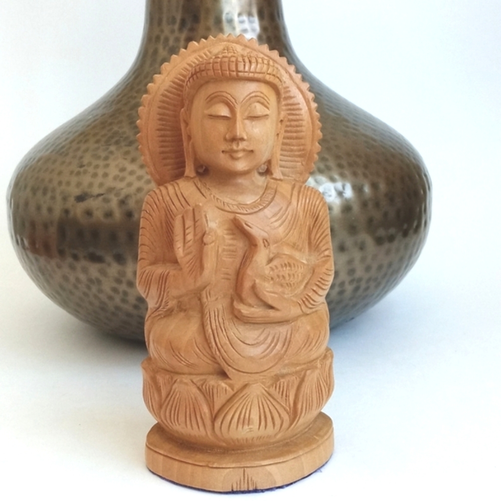 Unique Antique Vintage Hand Carved Wooden Buddha with Swan Figurine 6 1/2” Tall